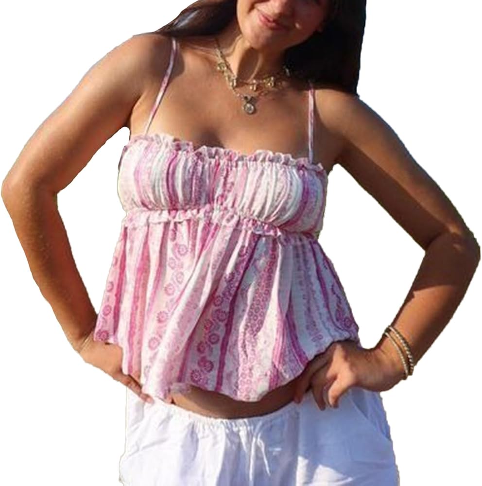 Womens Floral Babydoll Top Ribbon Front Smocked Back Cap Sleeves